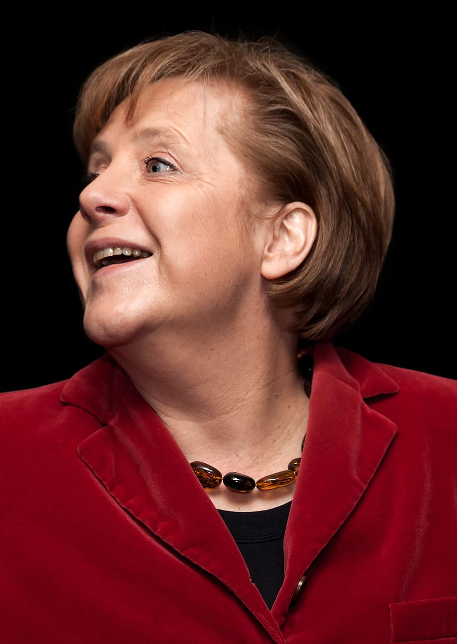 woman, wearing, red, blazer, smiling, black, background, Angela Merkel, Politician, German