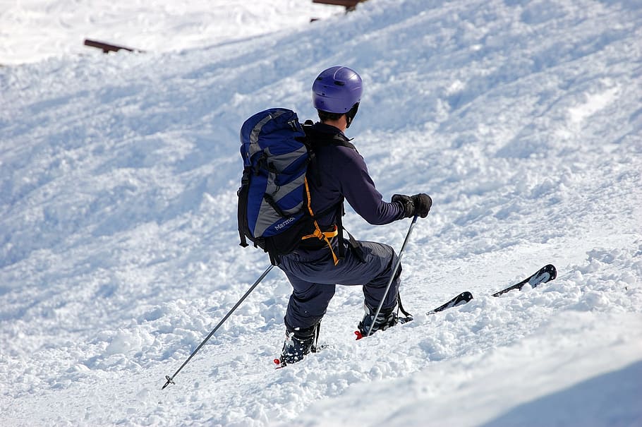男スキー, 雪, スキーヤー, バックパック, アルペンスキー, ダウンヒルスキー, スキー, 高山, 山, 冬