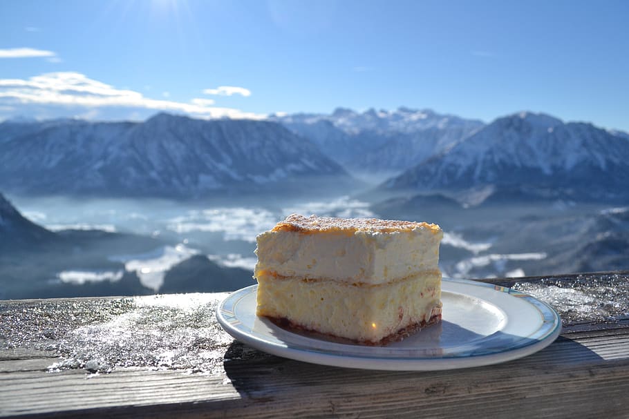 bolo, montanhas, alpino, fatia de creme, montanha, comida e bebida, neve, comida, natureza, dia