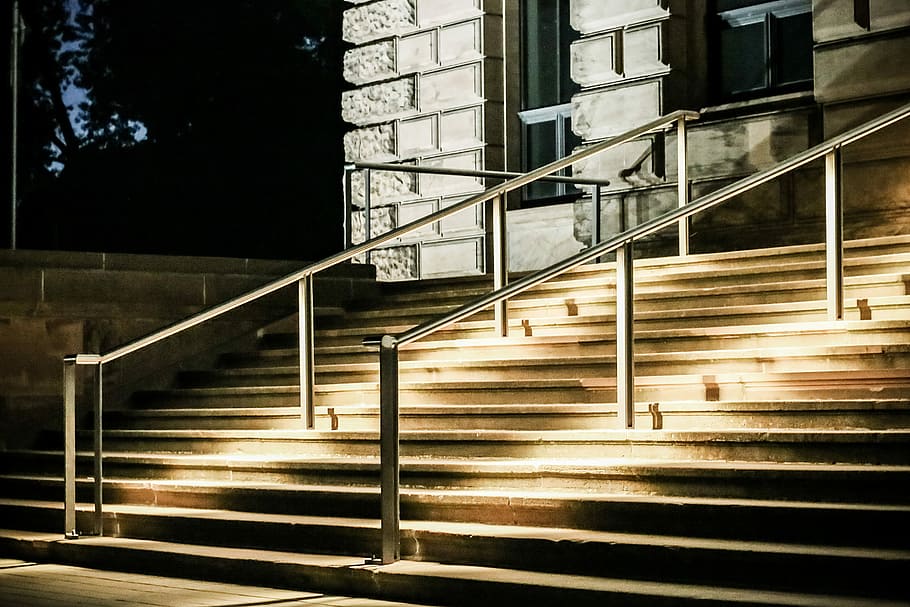 Stairs, Curb, Railing, Night, Building, wall, away, lighting, bridge, illuminated