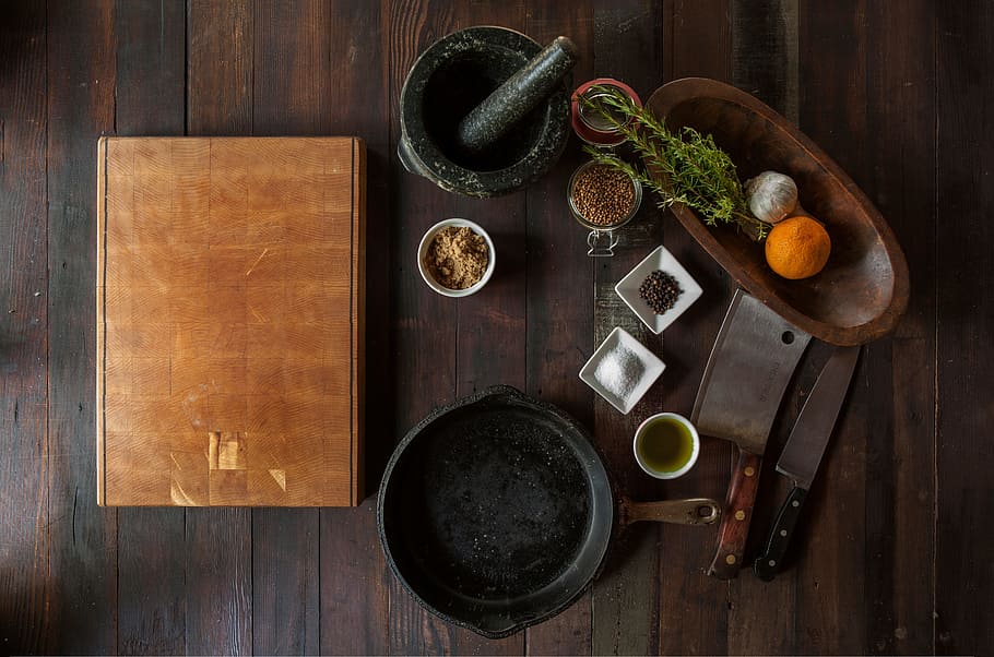 black, mortar, pestle, oval, brown, wooden, bowl, cutting, board, ingredients