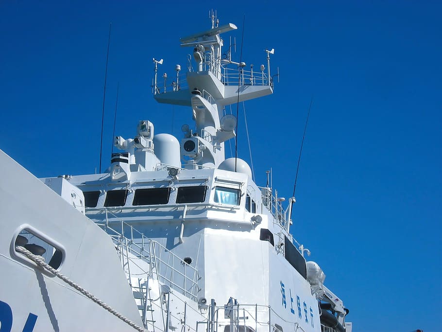 Barcos de patrulha, Okinawa, ilha de Ishigaki, hateruma, branco, guarda costeira, céu, mar, cais, porto