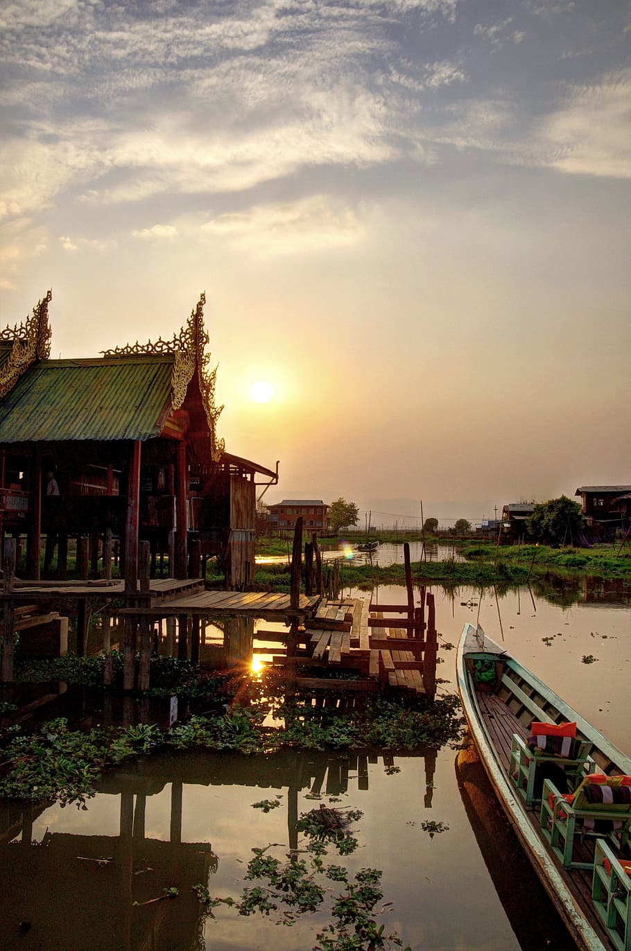 myanmar, burma, inle lake, sunset, hdr, temple, water, sky, built structure, architecture