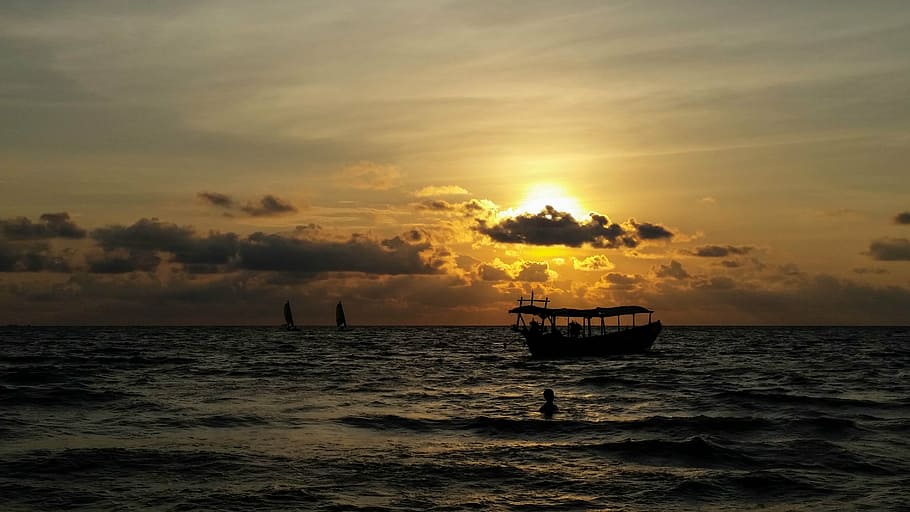 cambodia, asia, sihanoukville, sea, beach, clouds, sun, ship, sunset, nature