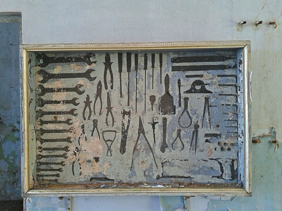 de mano, herramientas de pintura, marrón, marco, blanco, pared, antiguo, caja de herramientas, caja, esquema