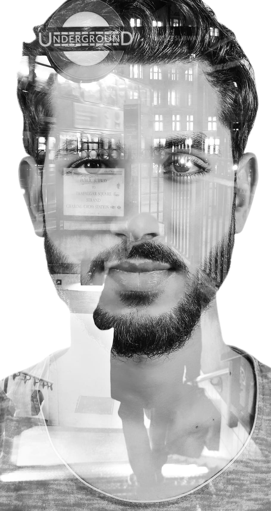 man, face, text overlay, double exposure, underground, london, male, portrait, black and white, headshot