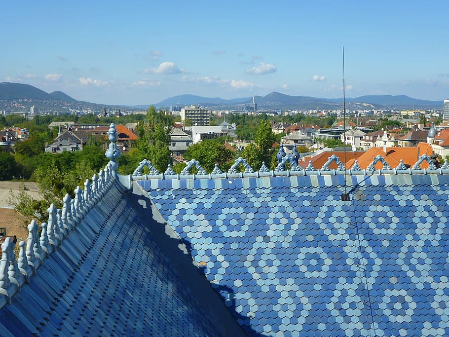 Céu azul, Zsolnay, Telhado, Budapeste, Scape, telhado zsolnay, exterior do edifício, arquitetura, estrutura construída, ao ar livre