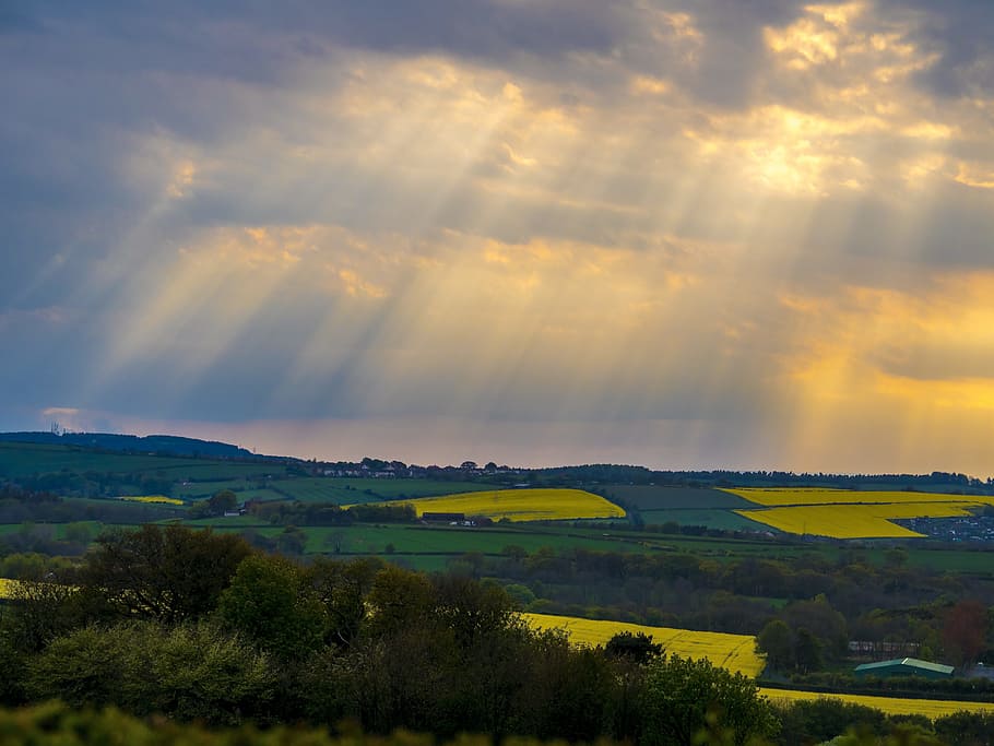 green, fields, crepuscular rays, clouds, storm, scenery, yorkshire, moors, landscape, summer