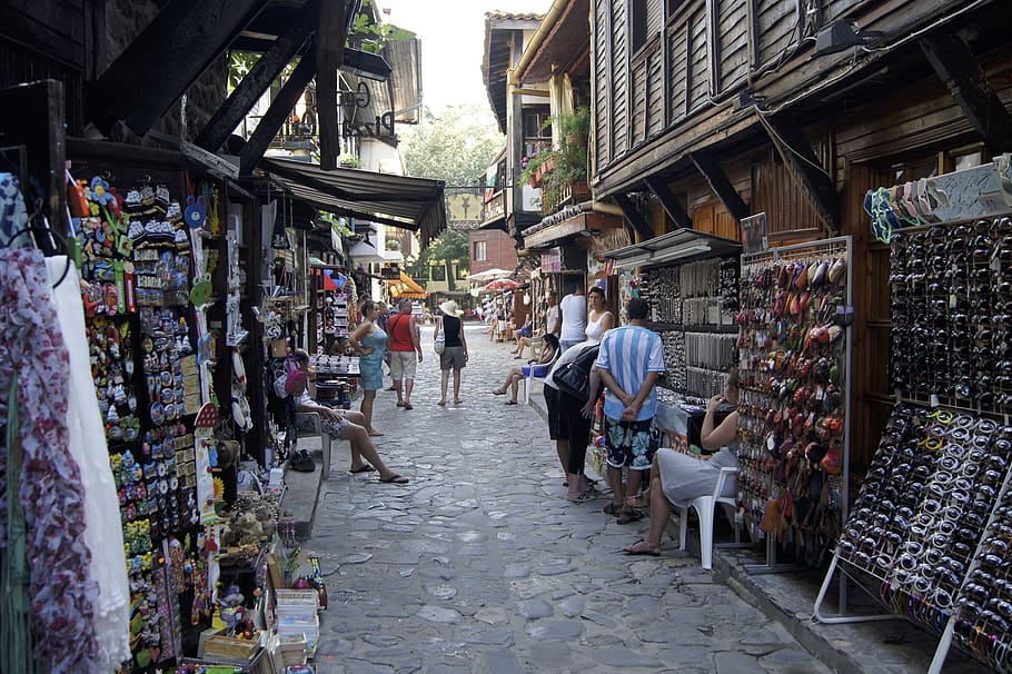 bulgaria, cidade velha, rua, mercado, estande, vendedor, mercado de rua, calçada, paralelepípedos, arquitetura