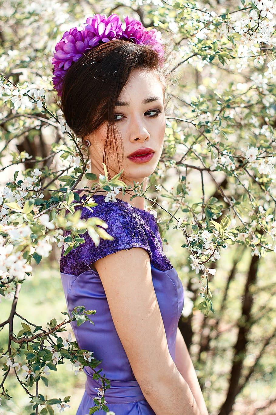 woman, posing, green, leaf plant, purple, flower headdress, dress, summer, people, young