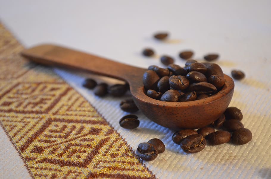 tilt-shift lens photo, coffee beans, spoon, coffee, beans, ethiopia, africa, ethnic, cloth, food