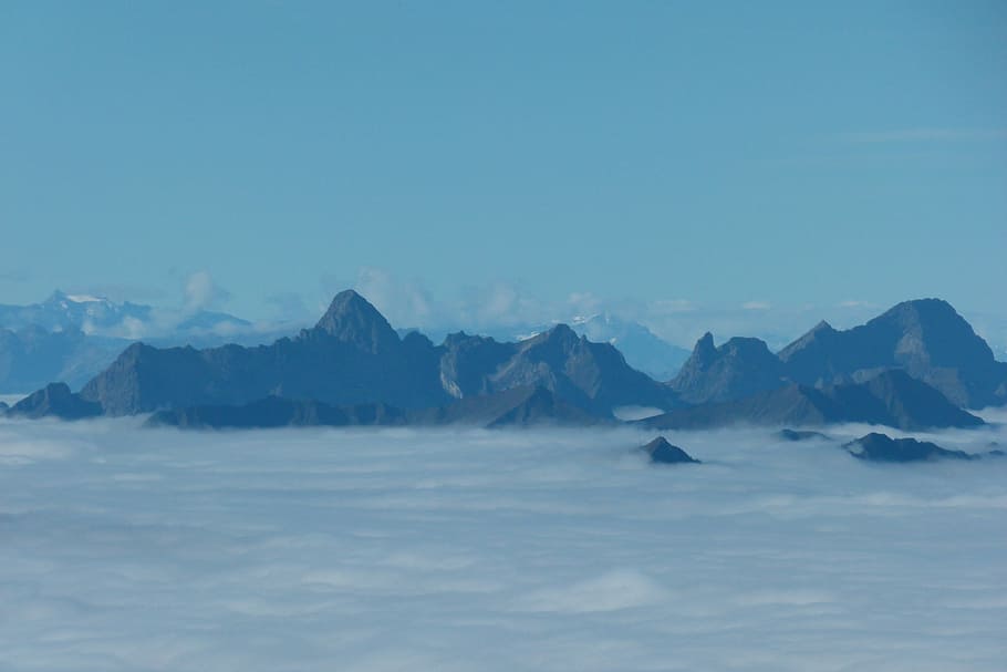 Montanhas, Cimeira, Mar de nevoeiro, sopé dos Alpes, nevoeiro, mar, natureza, tranquilidade, ao ar livre, paisagens