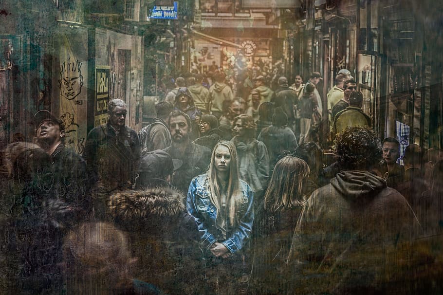 woman, wearing, blue, denim jacket, crowd, people, alone, sad, f, depression