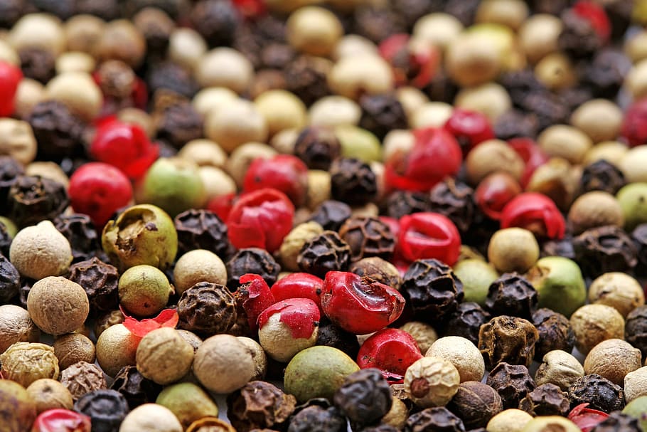 bunch, assorted-color fruit seeds, Spices, Pepper, Colorful, colorful pepper, peppercorns, black pepper, green pepper, white pepper