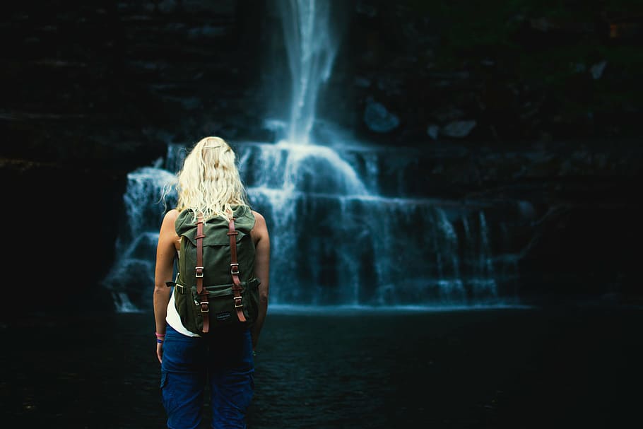 woman, looking, waterfall, waterfalls, stream, water, dark, cave, people, girl