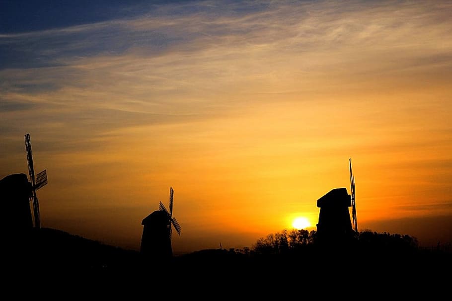 Sunrise, Windmill, Cloud, Wood, Spring, under 슾 not, sunset, silhouette, architecture, building exterior