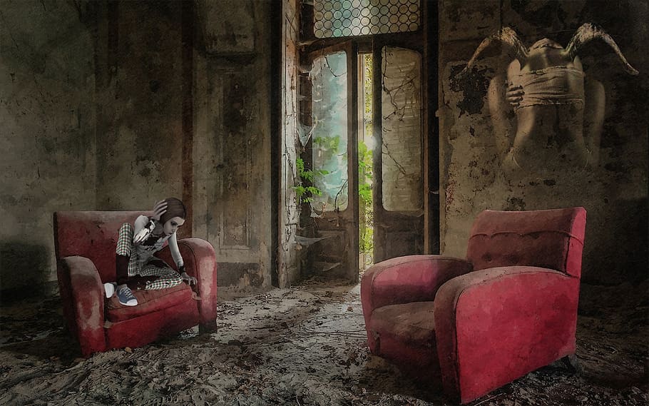 isolated, mystical, fantasy, fairy tales, wing, woman, elf, figure, apartment, ruin