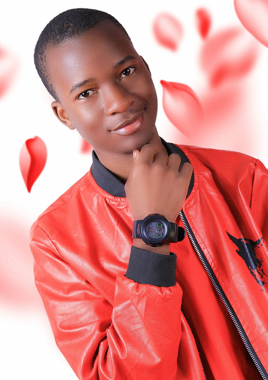smiling, man, wearing, red, black, zip-up jacket, people, portrait, person, young