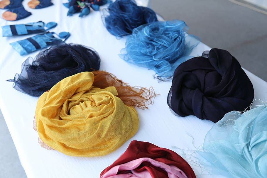 natural dyeing scarves, natural dyeing, famous hat-bone, social economy, it has been my go to, high angle view, rose, rose - flower, flowering plant, indoors