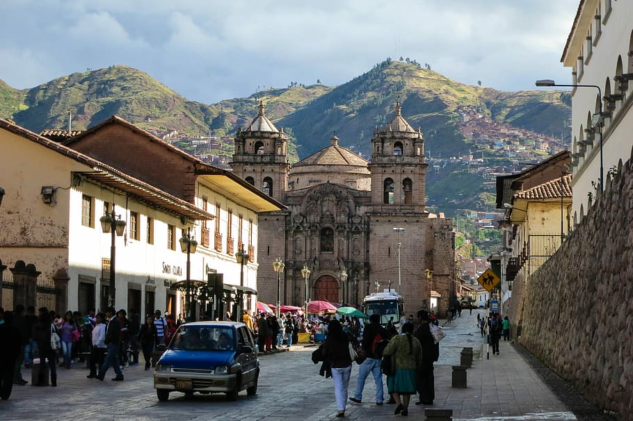 group, outdoors, cathedral, Cusco, Peru, Streets, People, cusco, peru, pedestrians, sidewalk