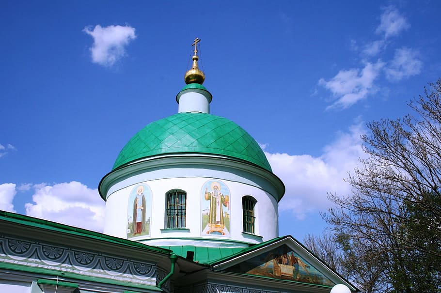 Church, Building, Religion, Architecture, church, building, russian orthodox, white walls, bright green roof, unusual, dome