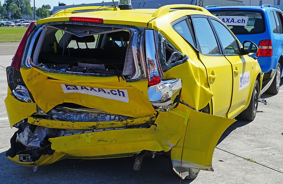 wrecked, yellow, 5-door, 5- door hatchback, parked, front, blue, vehicle, daytime, crash test