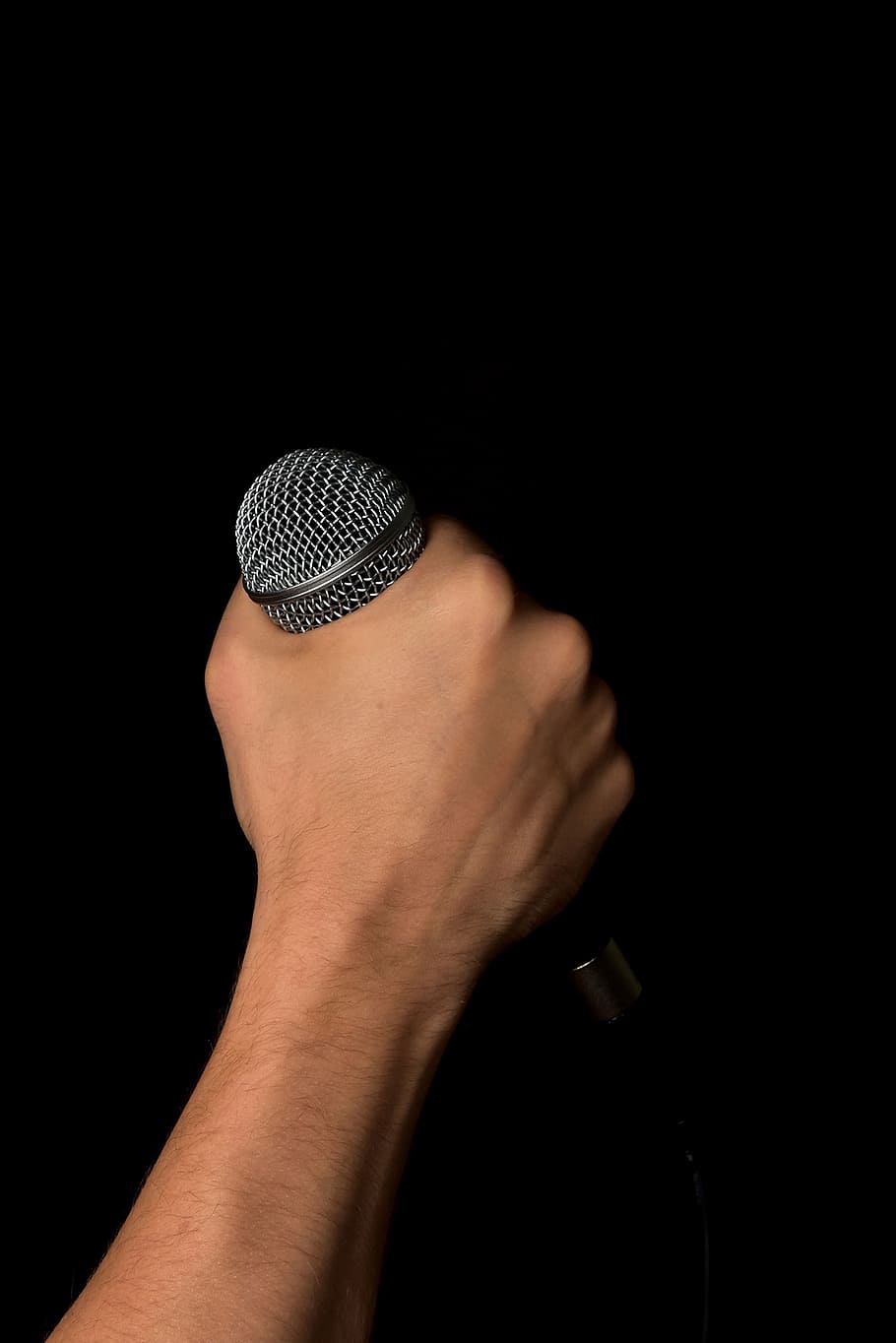 hand, microphone, mic, hold, fist, isolated, black, background, music, rocker