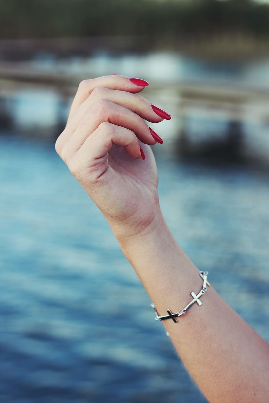 person, red, manicure, silver-colored sideway, cross, bracelet, nails, hand, jewellery, human hand
