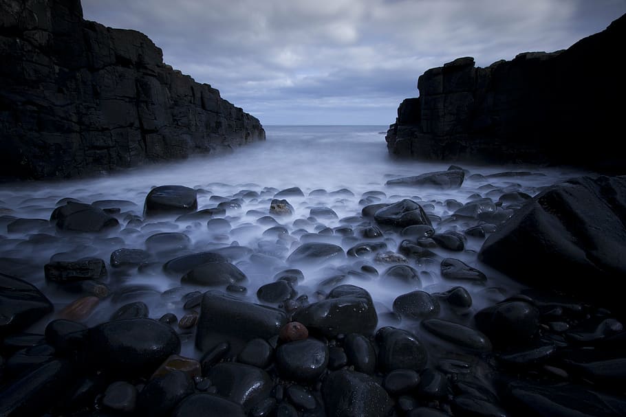 stones on shore, rocks, pebbles, sea, long exposure, ocean, beach, coastline, water, cloud - sky