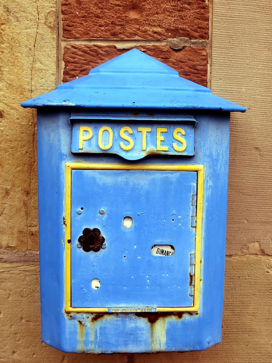 blue, yellow, metal mailbox, mailbox, old, france, alsace, letter boxes, nostalgia, letters