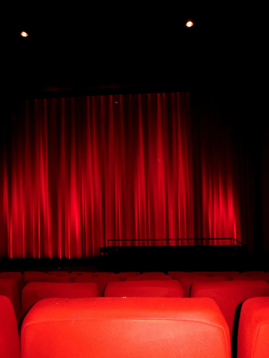 rojo, silla, frente, escenario, cine, asientos de cine, película, sala de cine, negro, salir