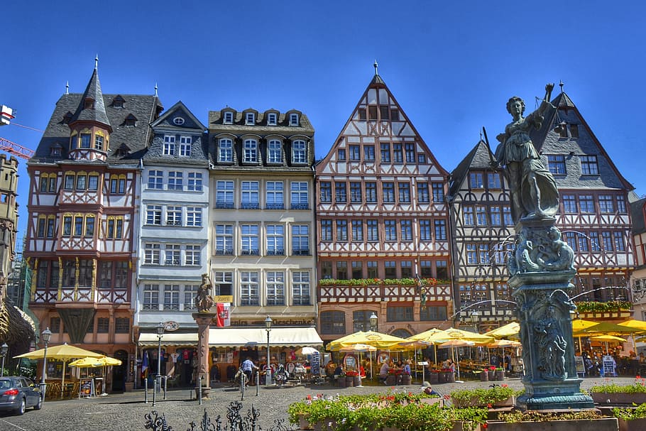 Frankfurt, Hesse, Jerman, Römerberg, tempat menarik, kota tua, tiang penopang, fachwerkhaus, monumen, tengara