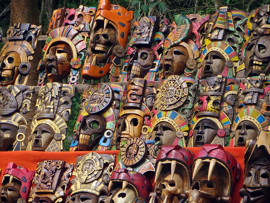 México, Uxmal, Exibir, Mercado, Máscaras, bugigangas, decoração, artesanato, étnica, colorido