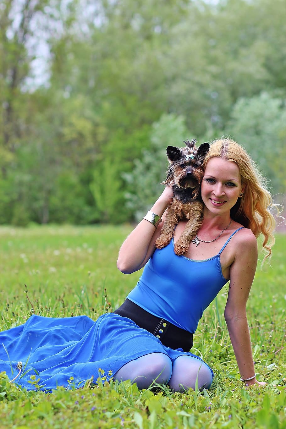 smile, yorkie, dogs, blonde woman, lie, beauty, dream, green grass, spring, outdoors