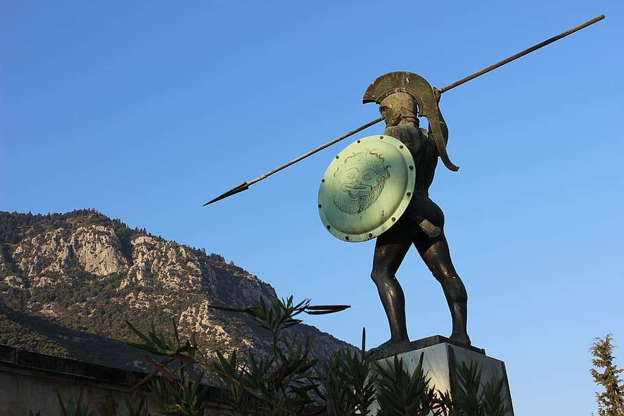 spartan statue, facing, mountains, greece, 300, statue, sculpture, travel, sparta, antique