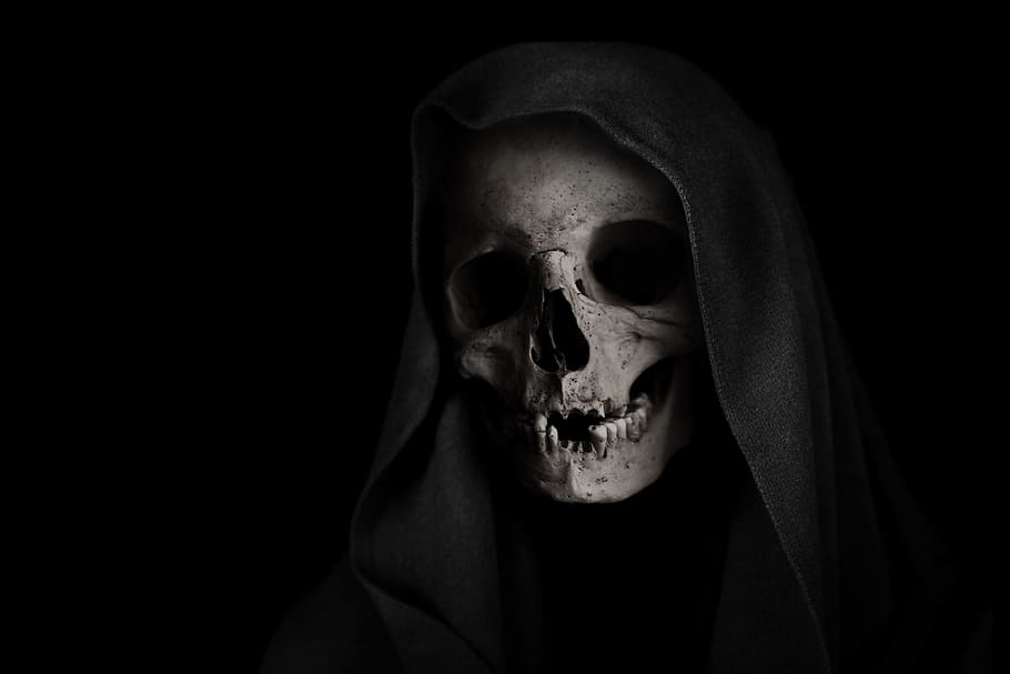 human, skull, black, robe, digital, wallpaper, grim reaper, death, skeleton, face