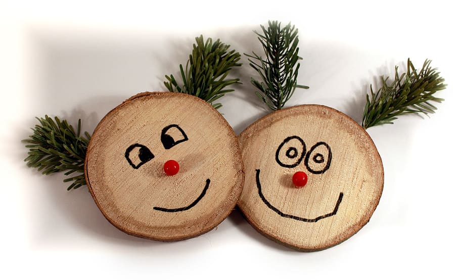 two, brown, wooden, wall decors, faces, laugh, wood, figures, christmas, tannenzweig