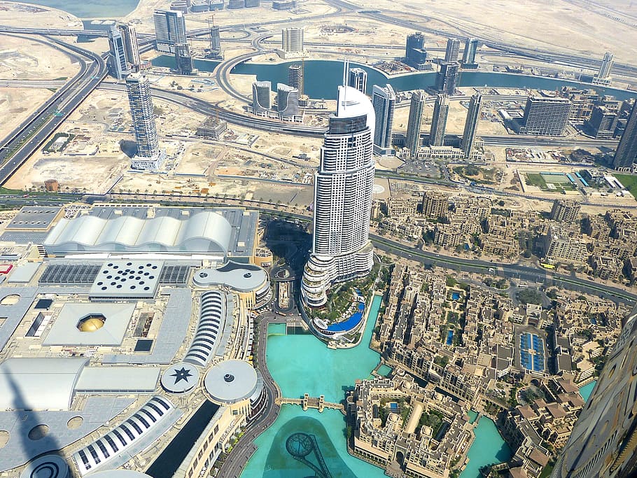 Emiratos Árabes Unidos, Dubai, Burj Khalifa, rascacielos, exterior del edificio, ciudad, estructura construida, arquitectura, vista de ángulo alto, paisaje urbano