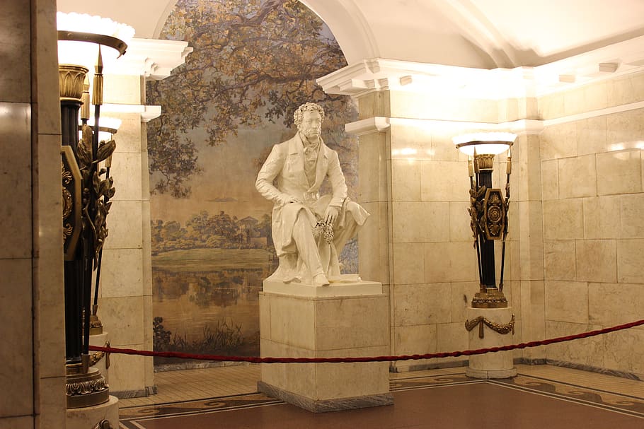 pushkin, statue, metro pushkinskaya, metro, metropolitan, st petersburg russia, station, entrance, sculpture, human representation