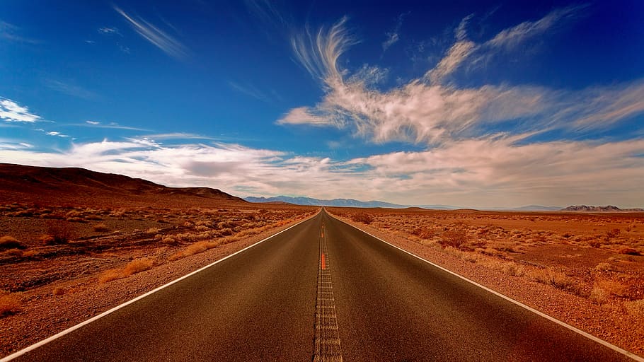 street, landscape, road, clouds, sunny, bird, desert, california, blue, sky