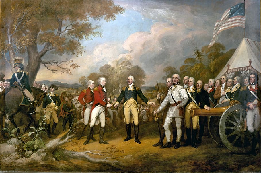 menyerah, umum, burgoyne, Menyerah Jenderal Burgoyne, Saratoga, Revolusi Amerika, kemenangan Amerika, pertempuran, kekalahan Inggris, ilustrasi