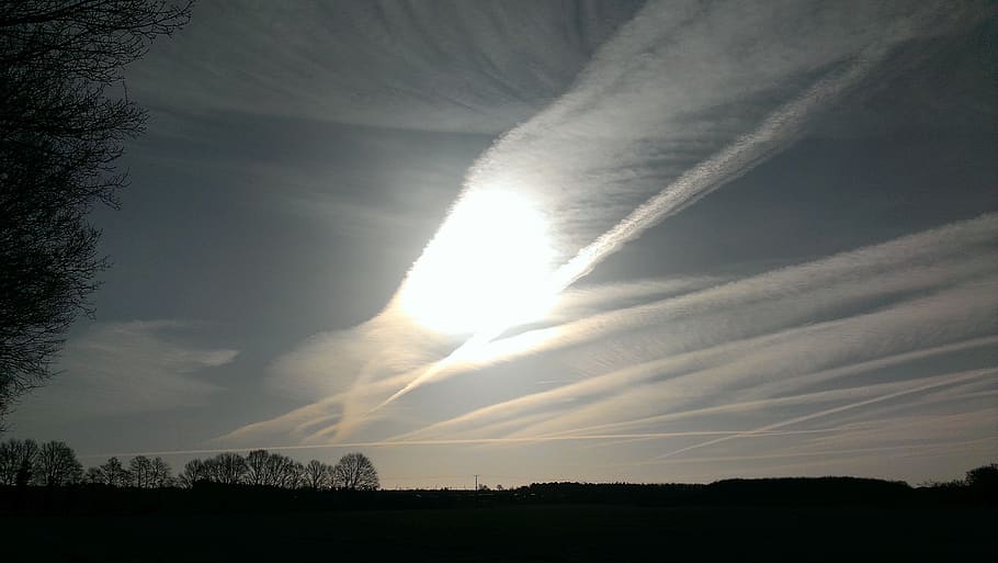 contrail, artificial clouds, chemtrails, field, sunset, sky, cloud - sky, beauty in nature, scenics - nature, tree