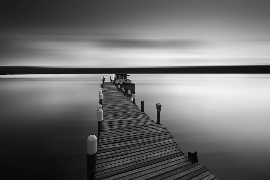 grayscale photo, wooden, dock, body, calm, water, platform, sea, ocean, black