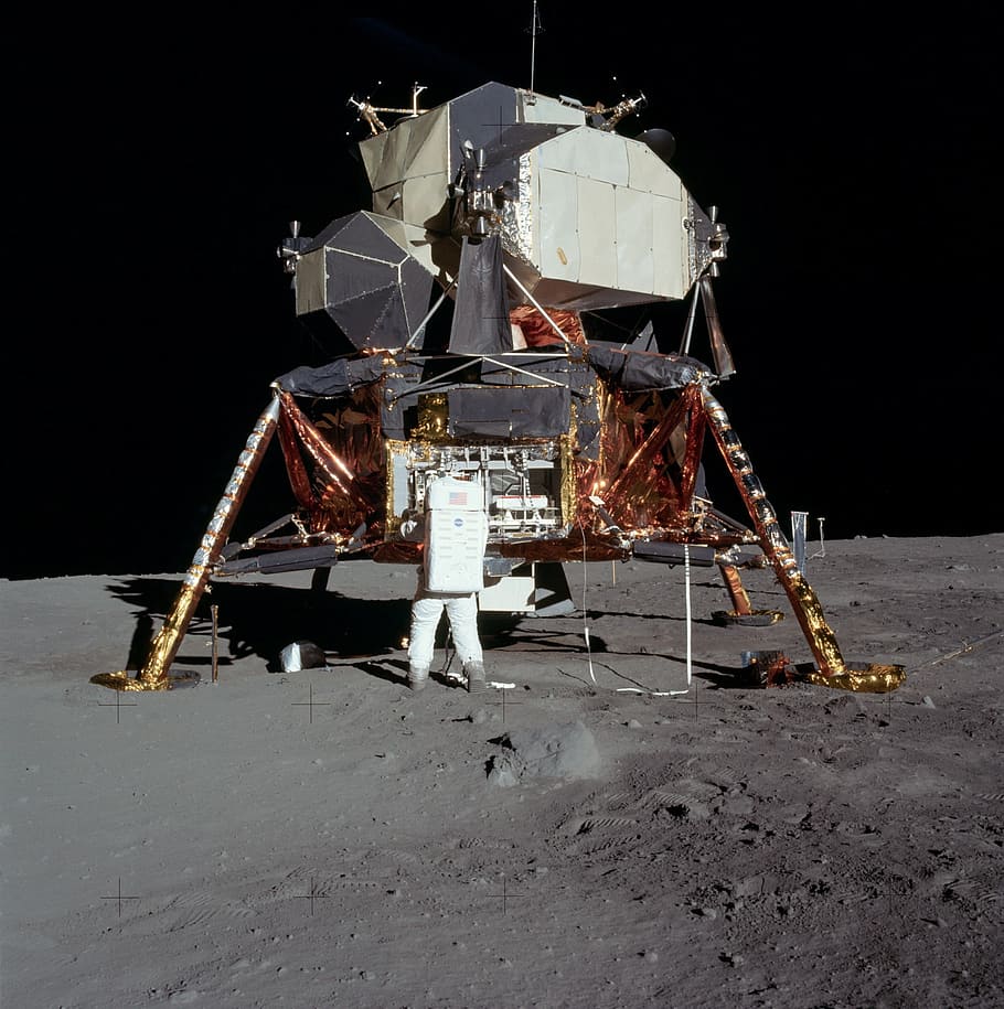 立っている, 宇宙飛行士, 横にある, 灰色, 茶色, 宇宙船, 人, 月, 月面着陸, アポロ11