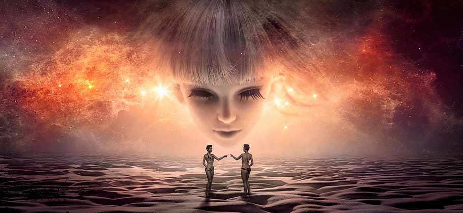 two, person, girl, face hologram, graphic, poster, fantasy, face, encounter, universe