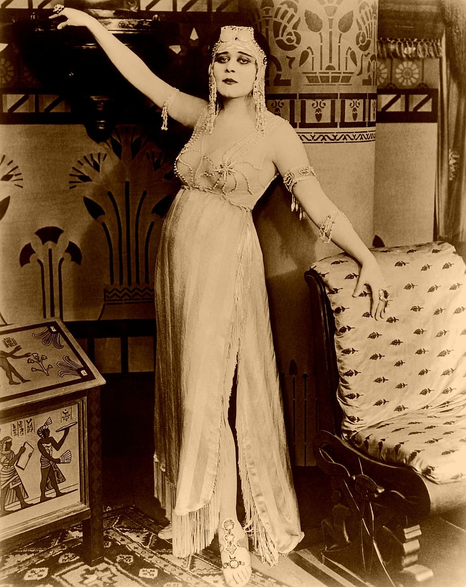 woman, posing, chair, cleopatra, theda bara, silent film, cinema, history, ancient greece, queen