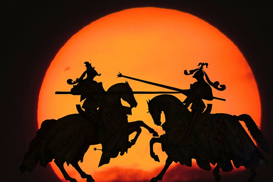 two, men, horse silhouette, digital, wallpaper, middle ages, knight, historically, armor, horses