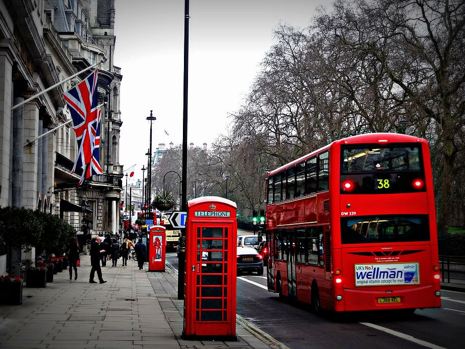 red, double, decker bus, phone booth, street, london, phone, cabin, red bus, double-Decker Bus
