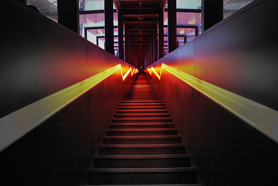 escaleras, escalera, abajo, entrada, museo ruhr, comer, bill, zollverein, dirección, camino a seguir