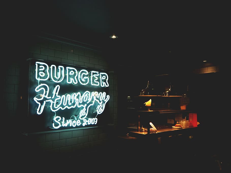 turned-on burger, hungry, neon signage, signage, restaurant, burger, store, night, dark, text